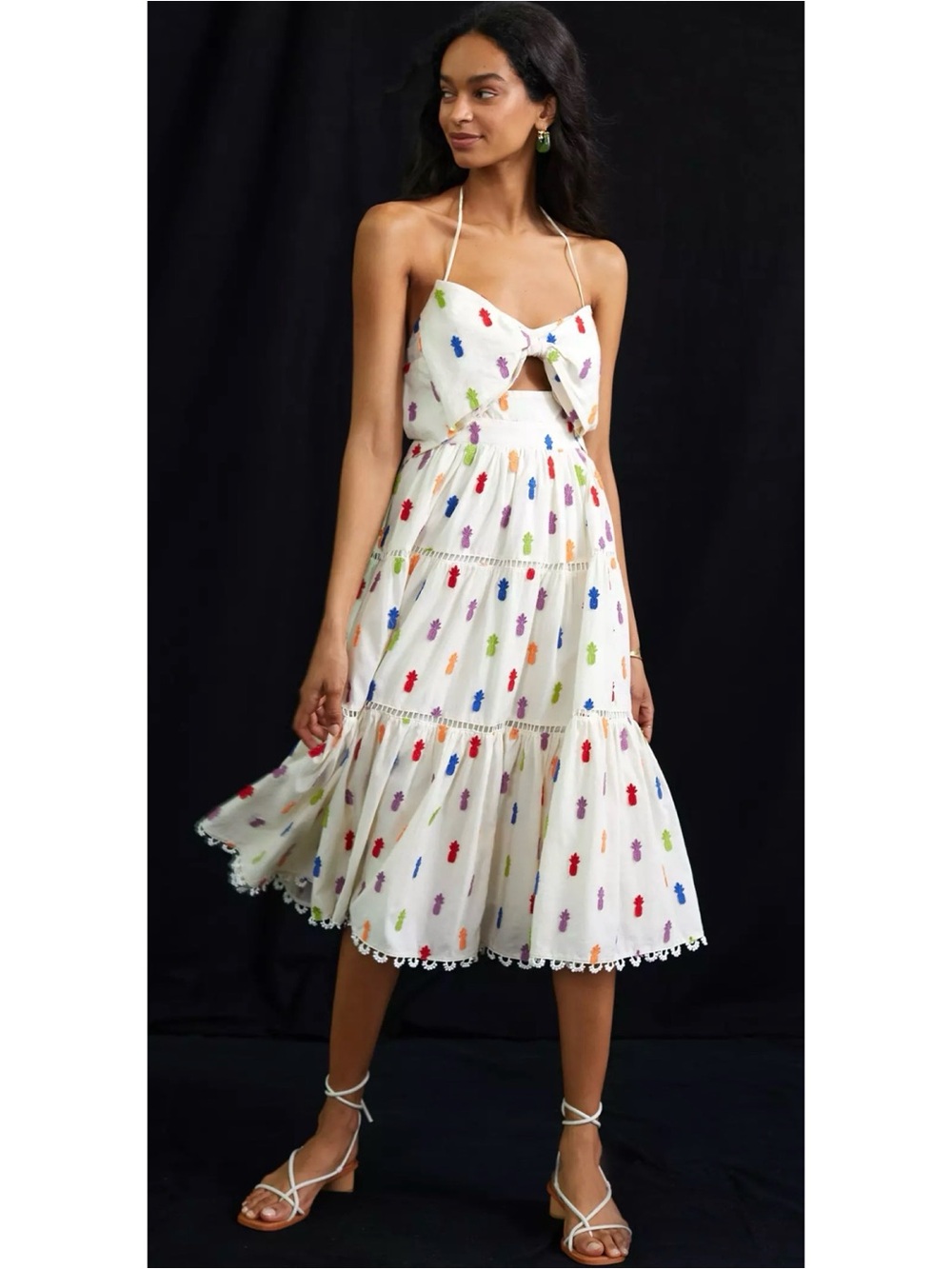 FARM Rio Embroidered Pineapple Cutout Halter Midi Dress Sz L
